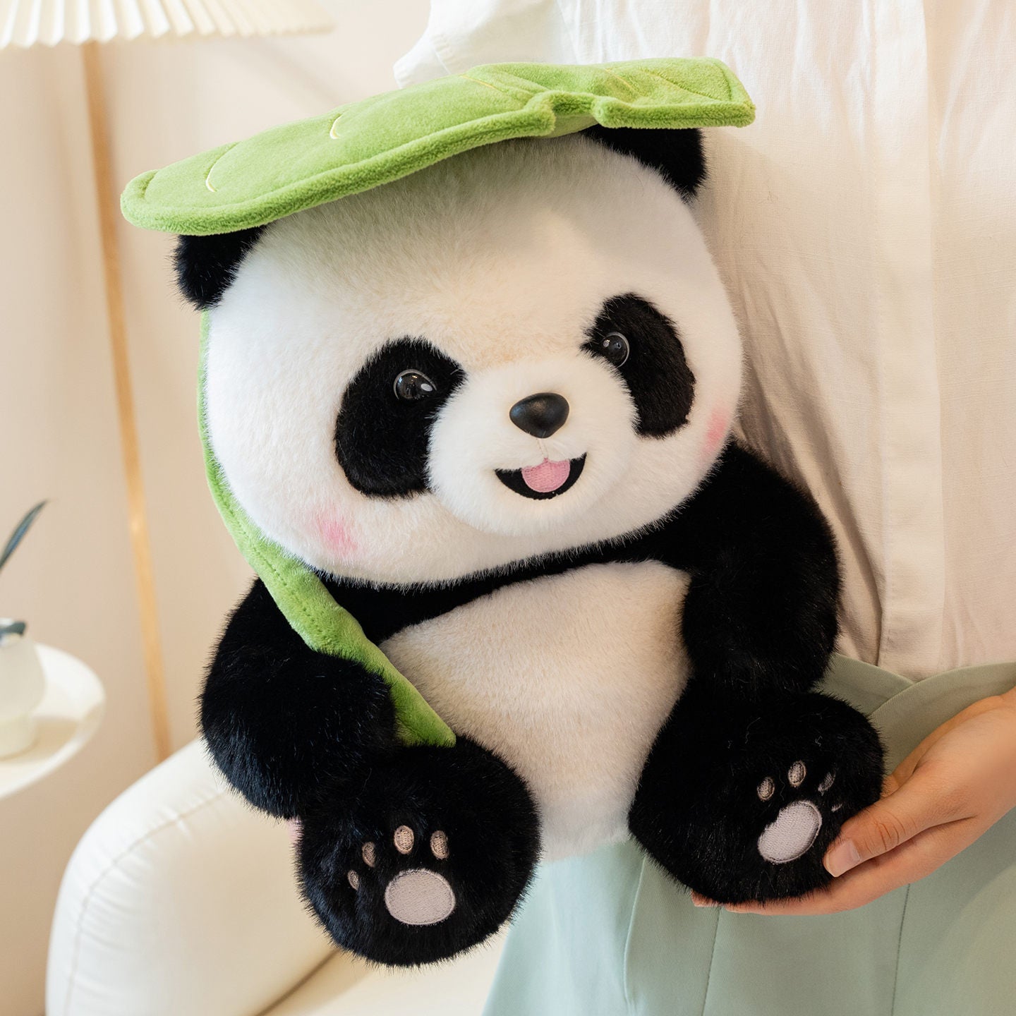 Cute Panda Plush Toy – Soft Lucky Panda Stuffed Doll with Leaf Hat